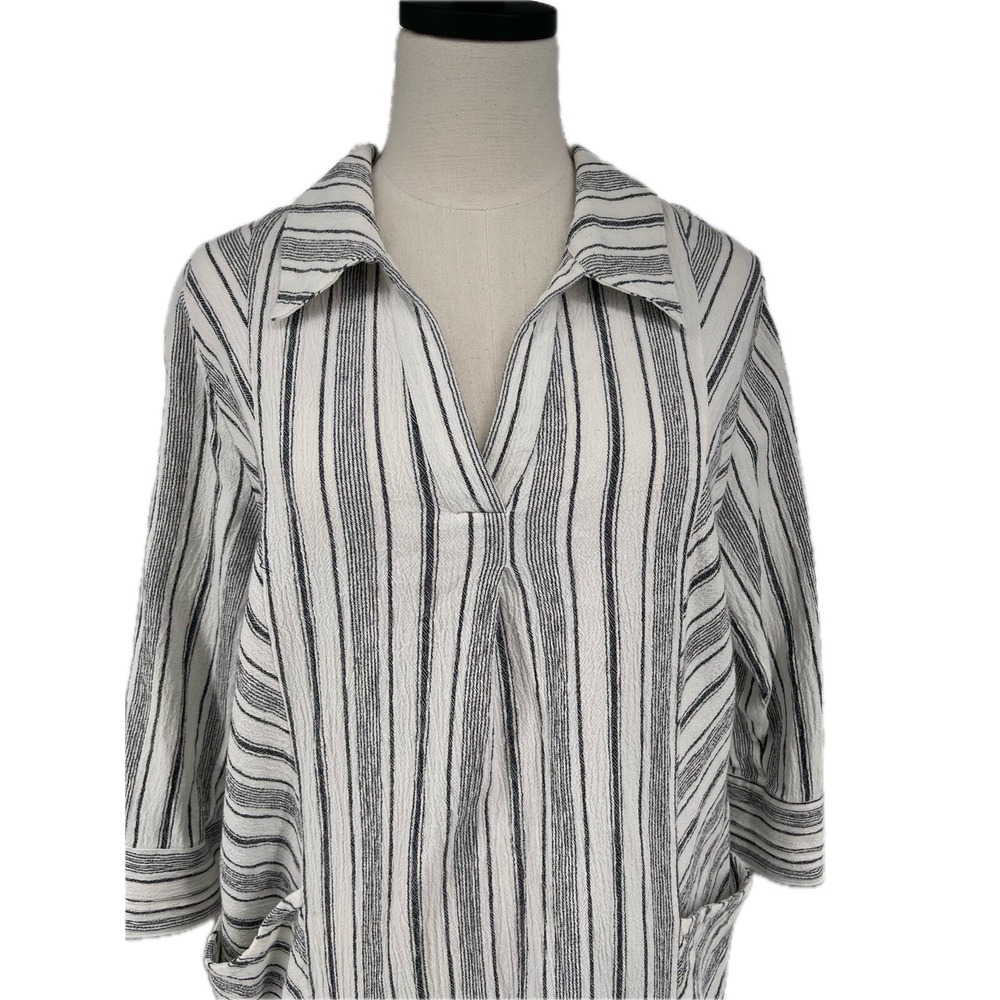 Soft Surroundings White/Black Striped Collared V-Neck Tunic Top Shirt Boho‎ L - Picture 3 of 9